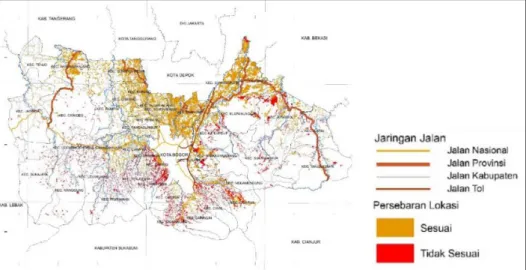 Gambar  4.  Peta  kesesuaian  penggunaan  lahan  permukiman  eksisting  berdasarkan  kelas  kemampuan  permukiman dan kawasan rawan bencana Kabupaten Bogor 