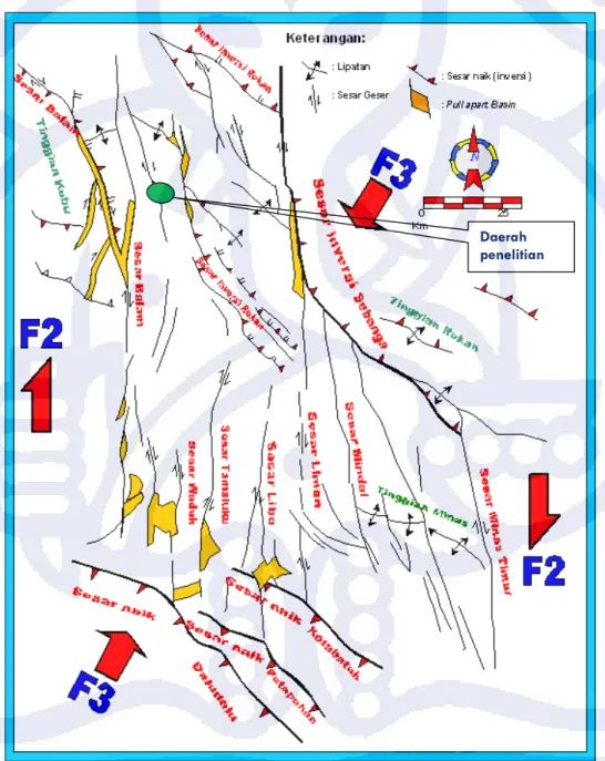 Gambar 2.5.  Kerangka struktur geologi fase F2 dan fase F3 di Cekungan Sumatera Tengah
