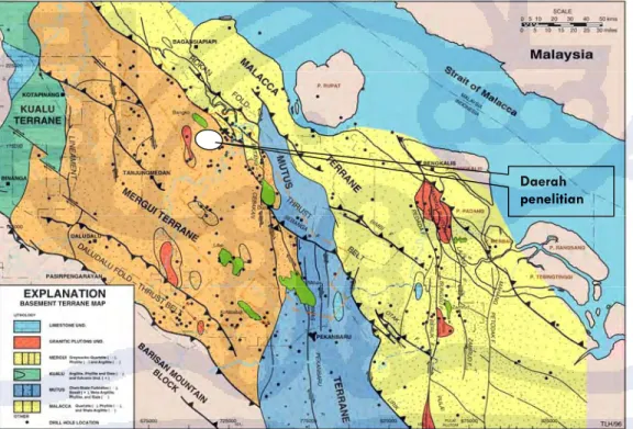 Gambar 2.6. Peta distribusi basement Cekungan Sumatera Tengah (Pertamina BPPKA, 1996) Daerah penelitian 