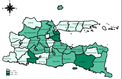 Gambar 4.1 Persebaran Jumlah Kasus HIV di Jawa Timur 