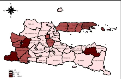 Gambar 4.8 Persebaran Rasio Layanan KT di Jawa Timur 