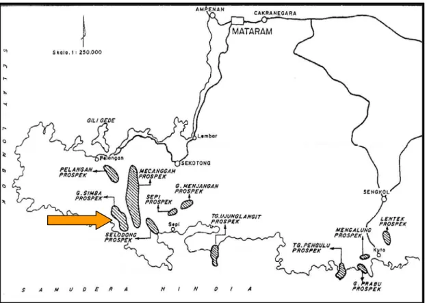 Gambar 3. Peta Daerah Prospek Emas di Lombok Barat (Manurung,Y, 1977) 