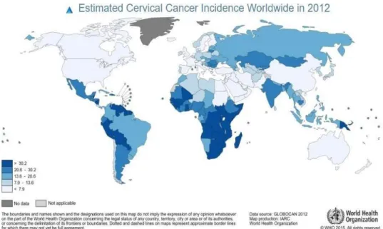 Gambar 2.3 Estimasi Insidensi Kanker Serviks di Dunia Tahun 2012 (WHO,2015). 