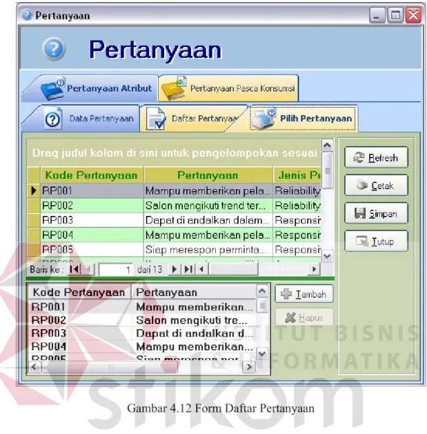 Gambar 4.12 Form Daftar Pertanyaan 