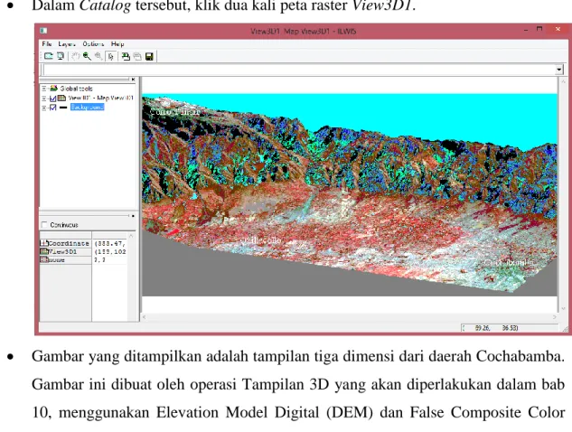 Gambar ini dibuat oleh operasi Tampilan 3D yang akan diperlakukan dalam bab  10,  menggunakan  Elevation  Model  Digital  (DEM)  dan  False  Composite  Color  (FCC) berasal dari Landsat TM band