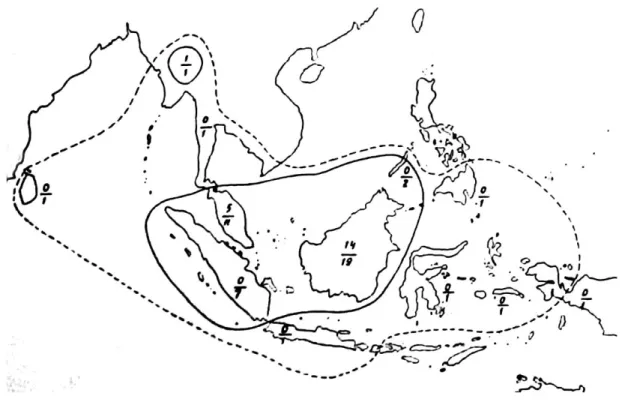 Gambar 1. Peta penyebaran alami genus Durio di dunia (Kostermans, 1958) 