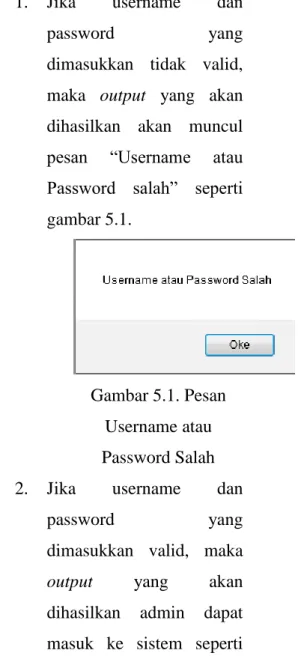 Gambar 5.1. Pesan  Username atau  Password Salah  2.  Jika  username  dan 