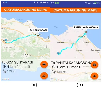 Gambar 8. Halaman Navigasi. (a) Rute Menuju Goa Sunyaragi, (b) Rute Menuju Pantai Karangsong 