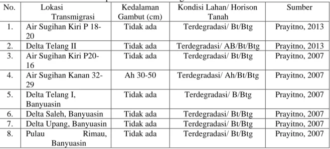 Tabel 1. Kedalaman Gambut pada Lahan Transmigrasi Di Sumatera Selatan  No.  Lokasi 