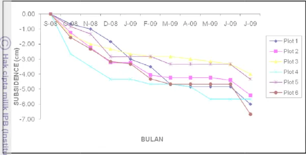 Gambar 13. Penururan permukaan tanah tiap plot pada September 2008 hingga Ju Tabel 2. Rata-rata