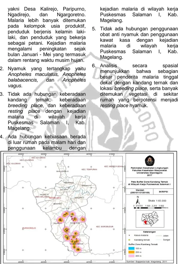 Gambar 1.  Peta  Buffer  Zone  Keberadaan  Kandang  Ternak  dengan  Sebaran  Kasus Malaria di Wilayah Kerja Puskesmas Salaman I 