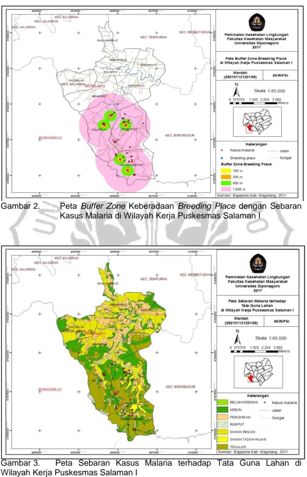 Gambar 2.  Peta  Buffer  Zone  Keberadaan  Breeding  Place  dengan  Sebaran  Kasus Malaria di Wilayah Kerja Puskesmas Salaman I 