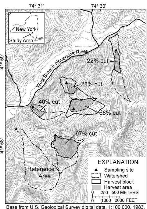 Fig. 1. Map of the study area showing study watersheds, harvest blocks, the portionsof study watersheds which were harvested, and surface water sampling sites.