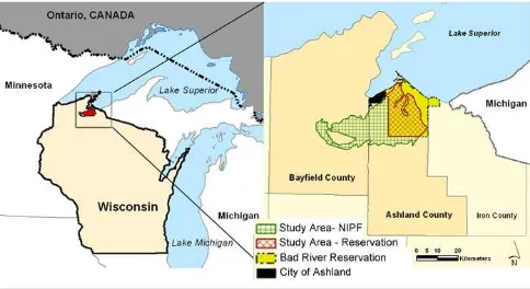 Fig. 2. Location of the northern Great Lakes-Wisconsin studyarea and land ownerships of the Bad River Indian Reservationand nonindustrial private forest (NIPF).