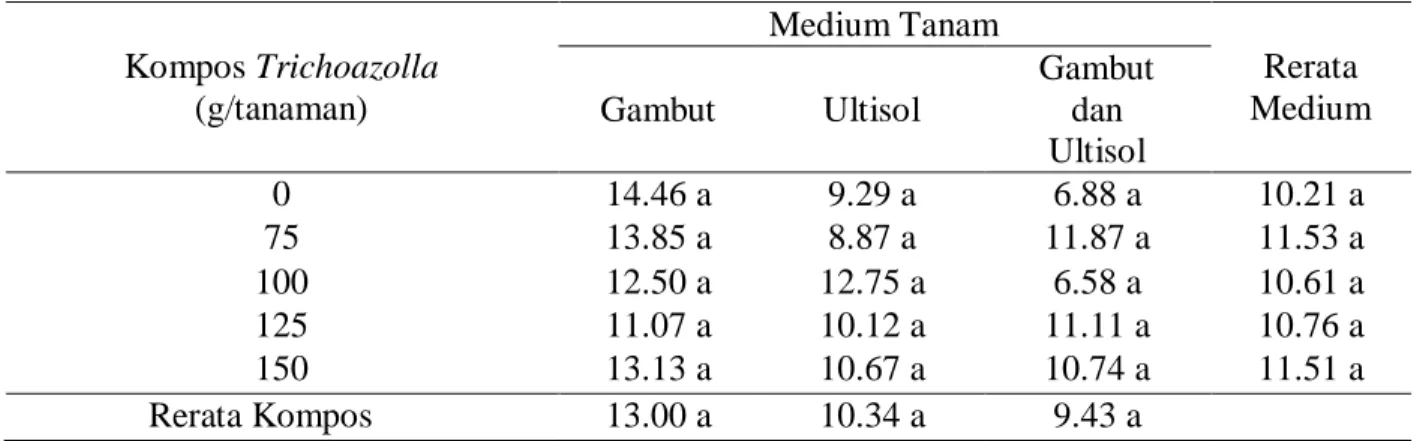 Tabel 6. Rerata  indeks mutu bibit kelapa sawit dengan aplikasi kompos  trichoazolla  pada  medium gambut dan ultisol  di main nursery