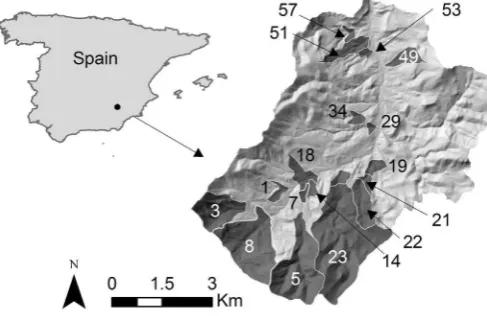 Fig. 1. Map of the study site. Numbers refer to catchment ID's.