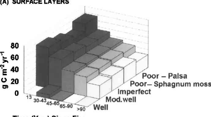 Figure 6. (a) Rates of C accumulation (positive values) in surface layers (including moss) for drainage class and by time since fire (stand age)