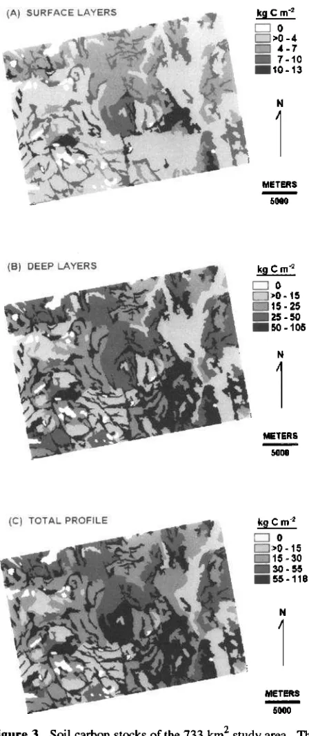 Figure 3. Soil carbon stocks of the 733 km: study area. The maps represent area-weighted averages of (a) surface layers, including moss, (b) deep layers, and (c) total profile