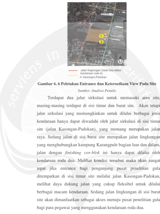 Gambar 6. 6 Peletakan Entrance dan Ketersediaan View Pada Site  Sumber: Analisis Penulis 