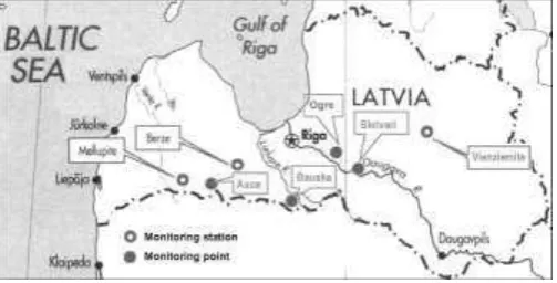 Fig. 1. Agricultural pollution monitoring stations and monitoring points in Latvia. 