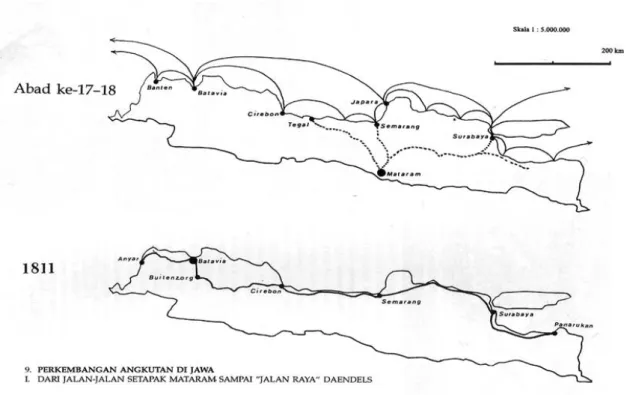 Gambar 4. Jaringan Jalur Laut P. Jawa Abad ke 17-18 (atas) dan Jaringan jalan Grote  Post Weg Daendels dari Anyer sampai ke Panarukan 1811 (Sumber: Lombard, 2005: 
