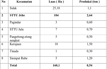 Tabel 1.  Luas Lahan dan Produksi Tanaman Nilam Menurut Kecamatan di Pakpak Bharat Tahun 2006 