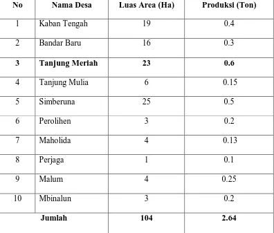 Tabel 2  Luas Tanaman dan Produksi Perkebunan Nilam Menurut Desa di Kecamatan Pakpak Bharat Tahun 2006  
