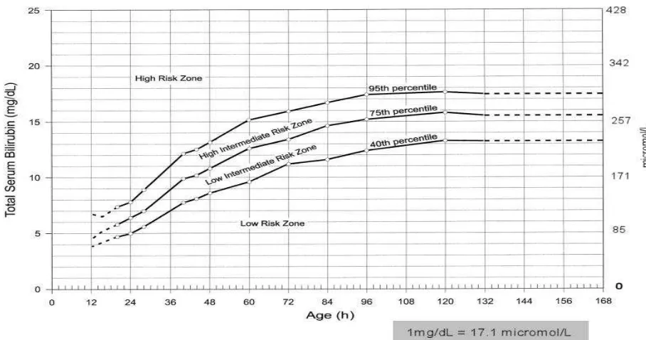 Gambar 2.1 Kadar serum bilirubin terhadap usia neonatus >95% menurut  Normogram Bhutani 