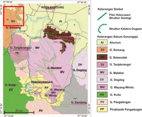 Gambar 2. Peta Geologi Gunungapi daerah Bandung Selatan (modifikasi oleh Silitonga, 1973)