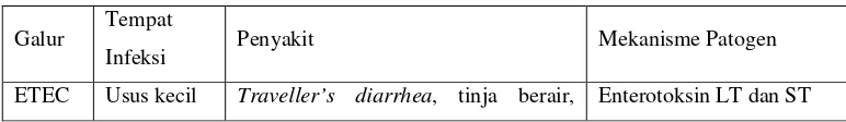 Tabel 2.3. Klasifikasi Keempat Galur Escherichia coli (Arisman, 2009) 