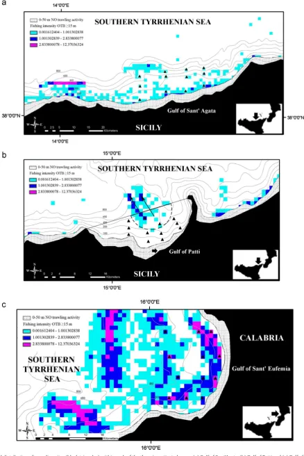 Fig. 2. Spatial distribution of sampling sites (black triangles) within each of the three investigated areas: (a) Gulf of SantThe spatial distribution of’Agata, (b) Gulf of Patti and (c) Gulf of Sant’Eufemia