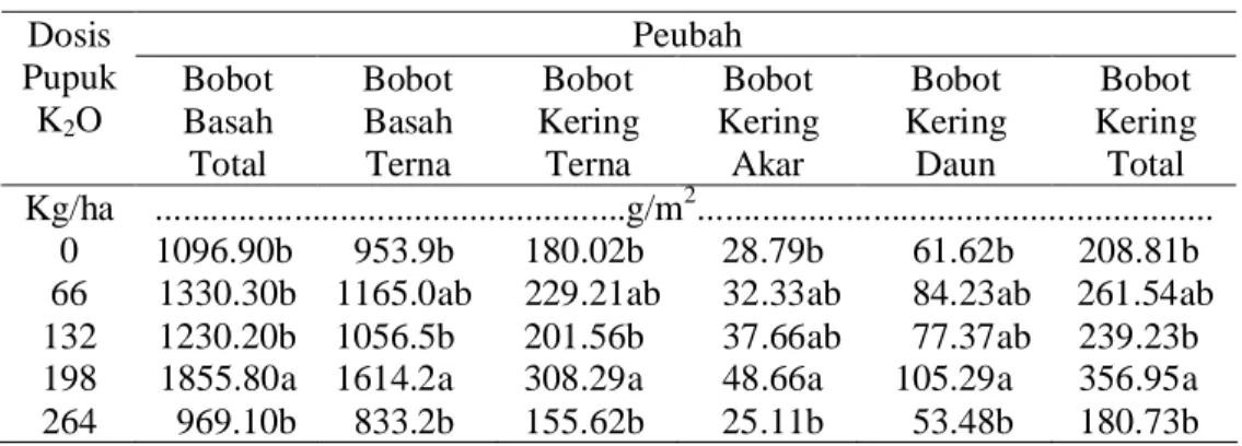 Gambar 3.  Pengaruh Pupuk K terhadap Bobot Kering Daun Tanaman Pegagan (Centella asiatica (L.) Urban) pada Panen 6 BST