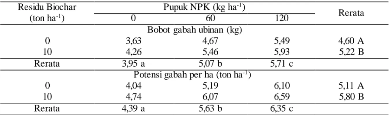 Tabel 6.  Rata-rata  bobot  gabah  ubinan  akibat  pengaruh  dosis  pupuk  NPK  dan residu biochar pada  musim  tanam kedua 