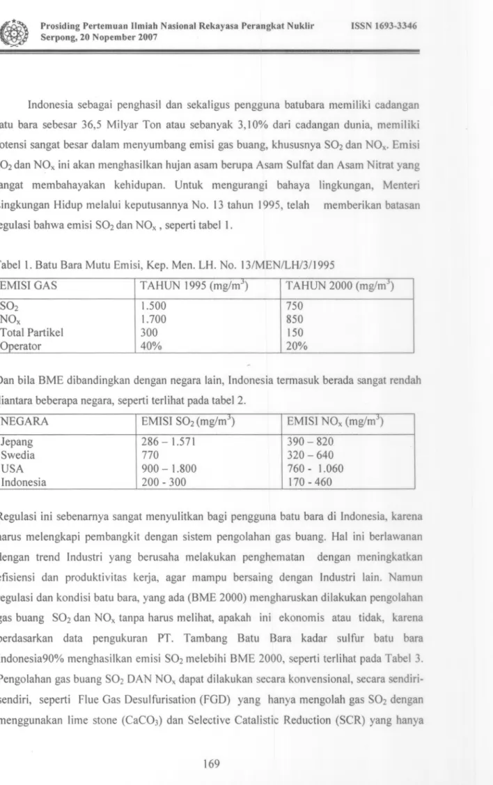 Tabel 1. Batu Bara Mutu Emisi, Kep. Men. LH. No. 13/MEN/LH/3/1995 EMISI GAS T AHUN 1995 T AHUN 2000 (mg/mJ) (mg/mJ)