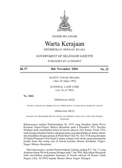 WARTA KERAJAAN NEGERI SELANGOR 4hb Nov. 2004] 1 NEGERI SELANGOR. Warta ...