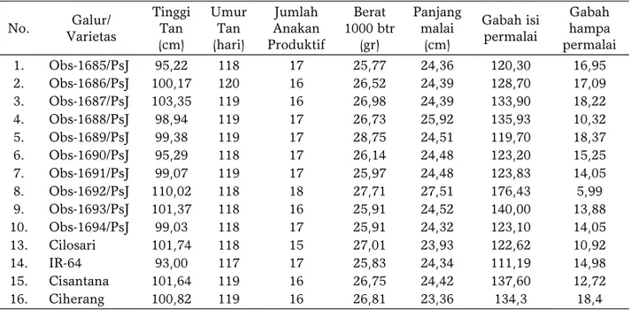 Tabel 4.  Data sifat agronomi galur mutan dibandingkan dengan varietas Cisantana (induk) IR-64,  Cilosari, dan Ciherang 