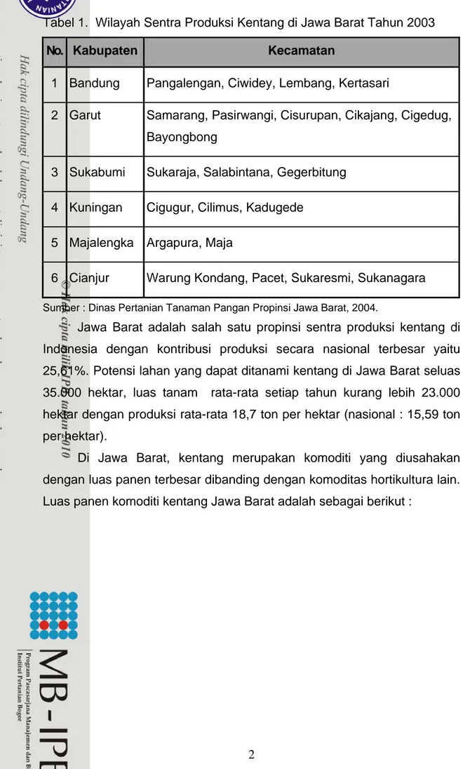 Tabel 1.  Wilayah Sentra Produksi Kentang di Jawa Barat Tahun 2003 