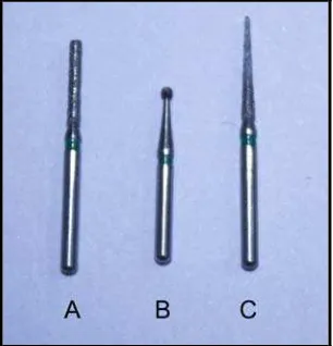 Gambar 7. Alat-alat preparasi onlay : A. Bur silindris; B. Bur bulat; C. Bur fissure