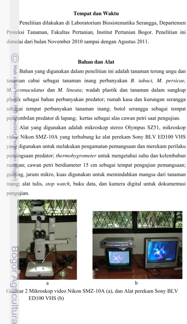 Gambar 2 Mikroskop video Nikon SMZ-10A (a), dan Alat perekam Sony BLV  ED100 VHS (b) 