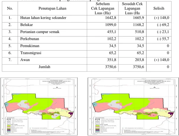 Tabel 5.   Luas  penutupan  lahan  KHDTK  Hutan  Penelitian  Samboja      tahun  2013  berdasarkan hasil pengecekan lapangan 