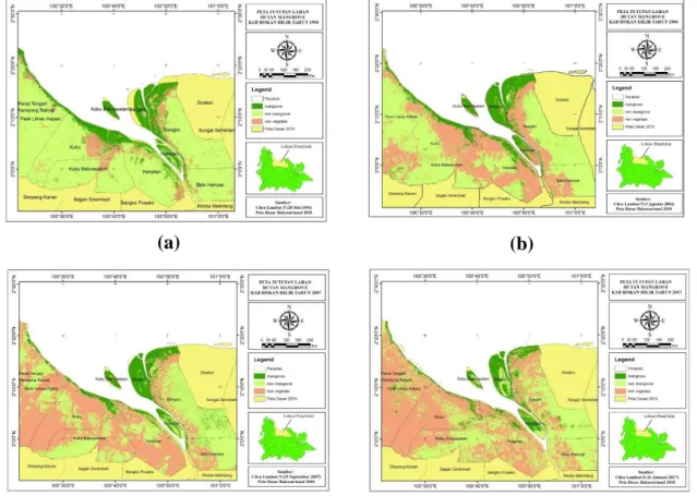 Gambar 1. Peta Tutupan Lahan Hutan Mangrove Kab. Rokan Hilir (a) 1994           (b) 2004 (c) 2007 (d) 2017 