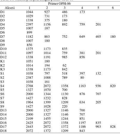 Tabel 10. Ukuran pola pita dengan primer OPH-06 