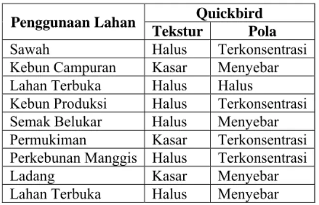 Tabel 5. Tekstur dan Pola Persebaran Pada Citra Quickbird