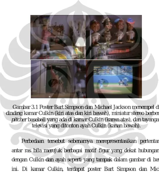 Gambar 3.1 Poster Bart Simpson dan  Michael Jackson menempel di  dinding kamar Culkin (kiri atas dan kiri bawah), miniatur stereo berbentuk 