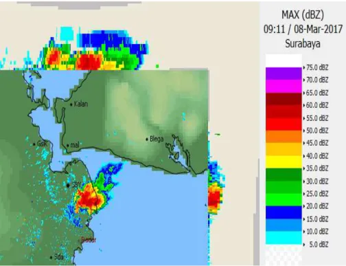 Gambar 2. Citra radar cuaca MAX (dBZ) tanggal 08 Maret 2017  (Sumber : Stasiun Meteorologi Juanda Surabaya) 