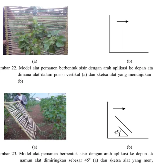 Gambar 23. Model alat pemanen berbentuk sisir dengan arah aplikasi ke depan atau horizontal  namun alat dimiringkan sebesar 45 o  (a) dan sketsa alat yang menunjukan arah  aplikasi (b) 