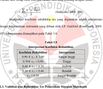 Interpretasi Koefisien ReliabilitasTabel 3.9  