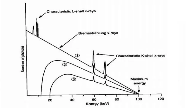 Gambar II.3. : Crestensen’s Physics of Diagnostoc Radiology,Spektrum radiasi sinar-X Bremstrahlumg dan Karakteristik  (Sumber Curry,1990) 