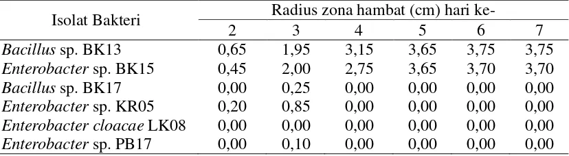 Tabel 4.2.1 Uji Antagonis antara Baketri Kitinolitik dengan Sclerotium rolfsii 