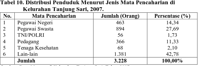 Tabel 10. Distribusi Penduduk Menurut Jenis Mata Pencaharian di    Kelurahan Tanjung Sari, 2007